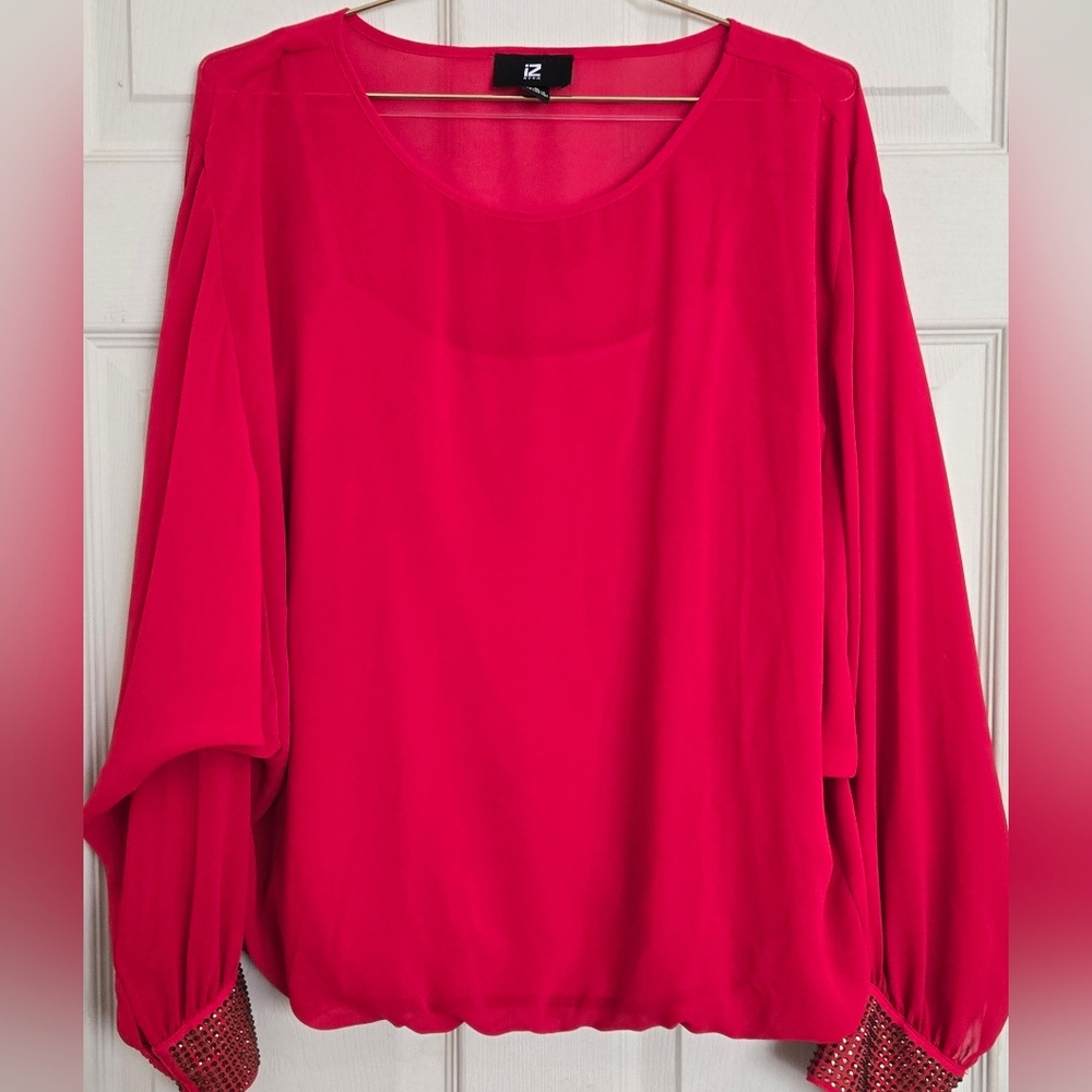 Iz Byer Vibrant Sheer Red Blouse Rhinestone Sleeves Flowy Size Large Kohls